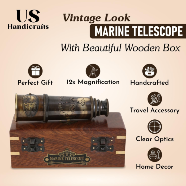 1920 Marine Telescope Collectible Décor Nautical Spyglass Antique Mounted Solid Brass 15 Inch Pirate Telescope with Wooden and Branded Corrugate - Image 4
